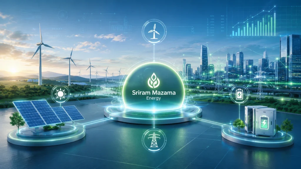 Minimal clean energy concept for sriram mazama energy showing a central energy node connected to solar, wind, and battery icons on a light background.