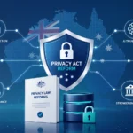 Professional illustration of Australia Privacy Act reform featuring a digital privacy shield, AI transparency, cybersecurity, legal compliance, and secure data icons connected across an Australia-themed background.