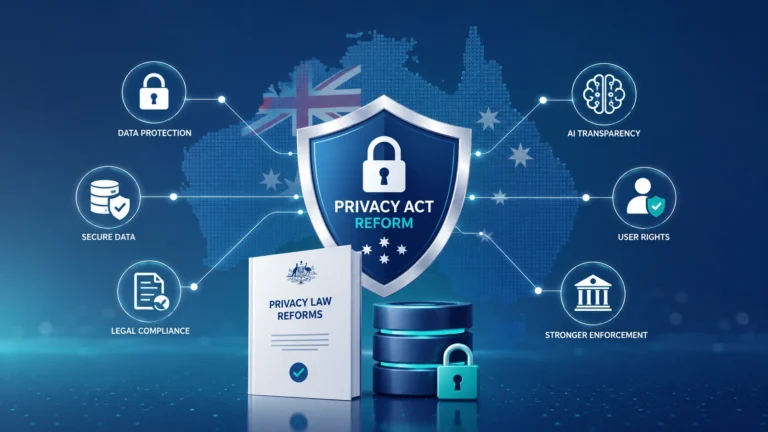Professional illustration of Australia Privacy Act reform featuring a digital privacy shield, AI transparency, cybersecurity, legal compliance, and secure data icons connected across an Australia-themed background.