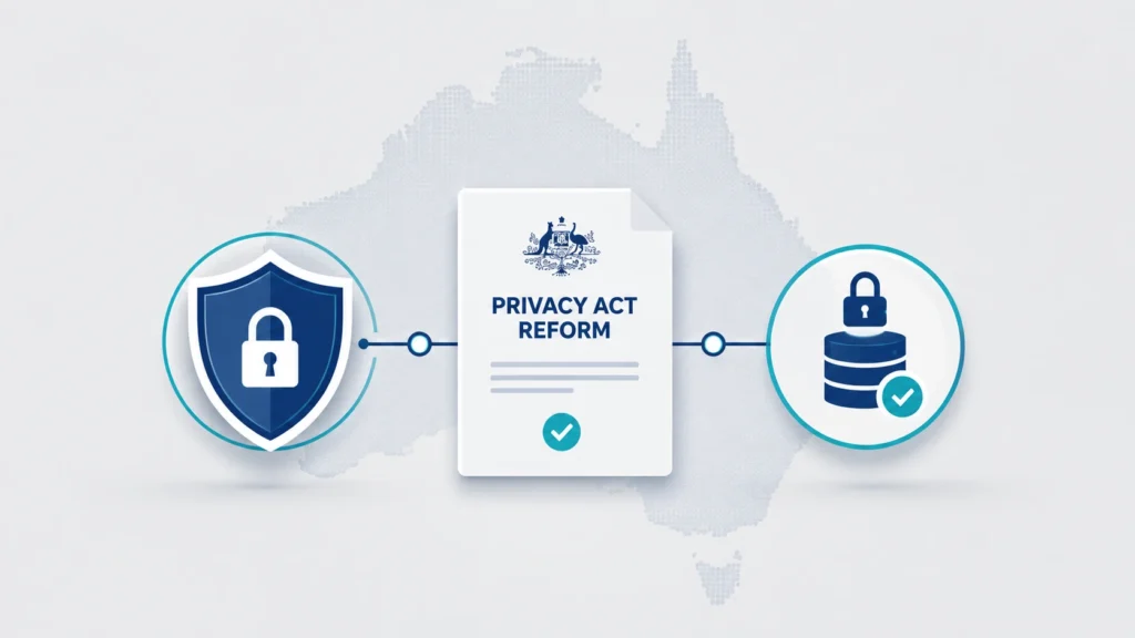 Minimalist Australia Privacy Act reform illustration showing a privacy shield, updated privacy law document, and secure data lock connected with clean lines over a subtle Australia map background.