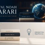 Yuval Noah Harari concept illustration showing books, a digital globe, and technology icons representing history, AI, and the future of humanity.