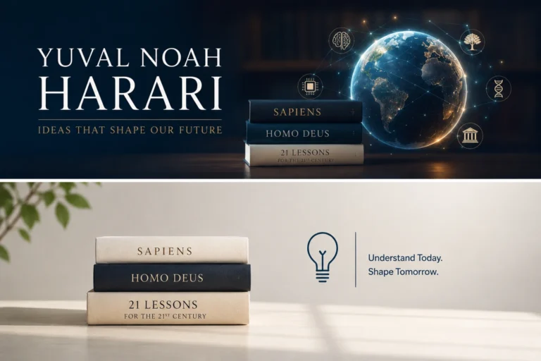 Yuval Noah Harari concept illustration showing books, a digital globe, and technology icons representing history, AI, and the future of humanity.