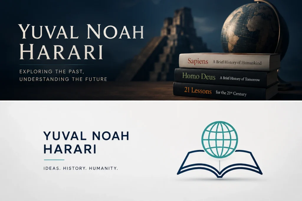 Minimalist Yuval Noah Harari illustration featuring books and a simple innovation icon symbolizing knowledge, technology, and future thinking.