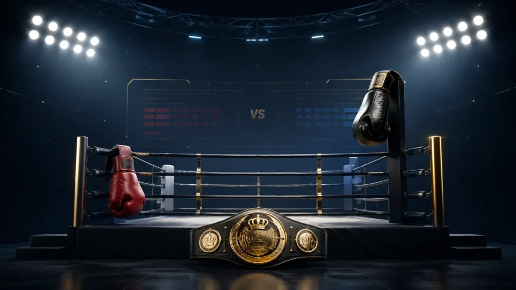 Minimalist professional boxing illustration featuring an empty championship boxing ring under dramatic lights, two boxing gloves in opposite corners, and a title belt in the foreground, symbolizing the Rolly Romero vs Ryan Garcia upset victory.