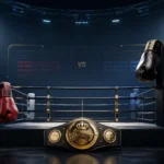 Minimalist professional boxing illustration featuring an empty championship boxing ring under dramatic lights, two boxing gloves in opposite corners, and a title belt in the foreground, symbolizing the Rolly Romero vs Ryan Garcia upset victory.