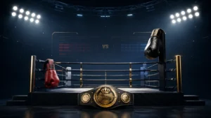 Minimalist professional boxing illustration featuring an empty championship boxing ring under dramatic lights, two boxing gloves in opposite corners, and a title belt in the foreground, symbolizing the Rolly Romero vs Ryan Garcia upset victory.