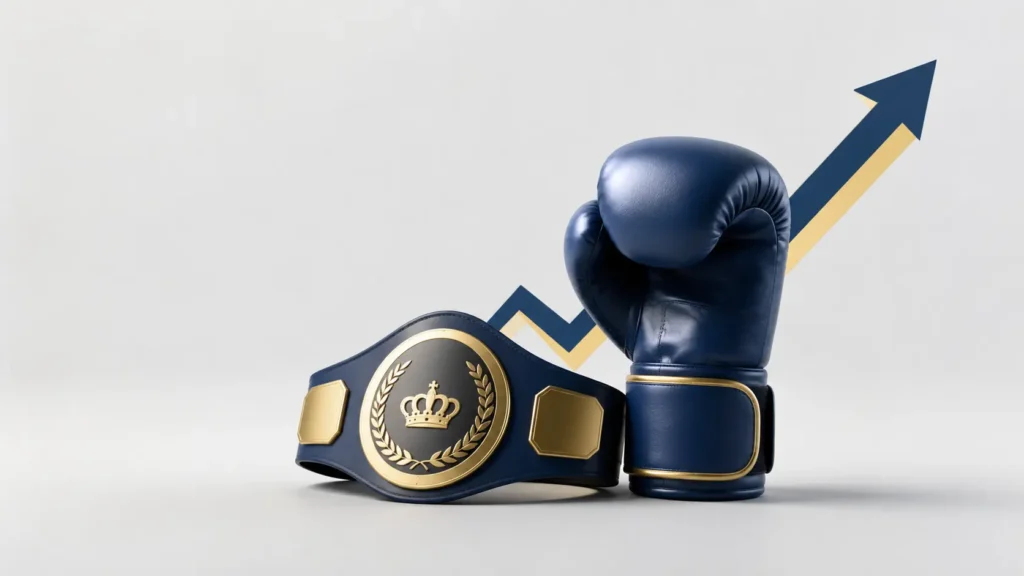 Rolly Romero vs Ryan Garcia simple sports illustration showing a boxing glove beside a championship belt with an upward arrow, representing the shocking upset win and championship success.