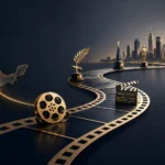 Gael García Bernal career illustration featuring a film-strip pathway from Mexico to a global skyline with film, directing, and award symbols representing his international success in cinema.