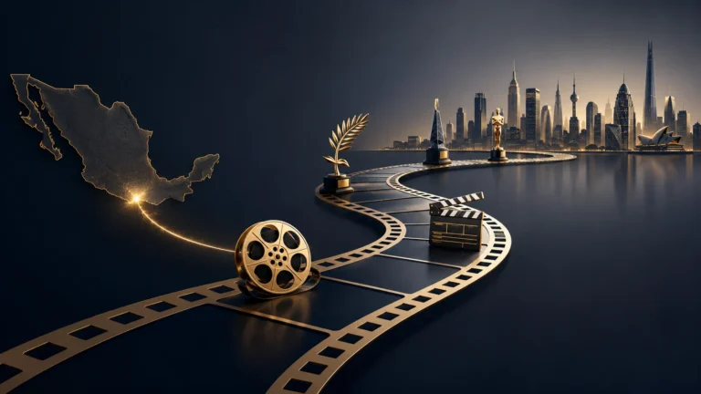 Gael García Bernal career illustration featuring a film-strip pathway from Mexico to a global skyline with film, directing, and award symbols representing his international success in cinema.