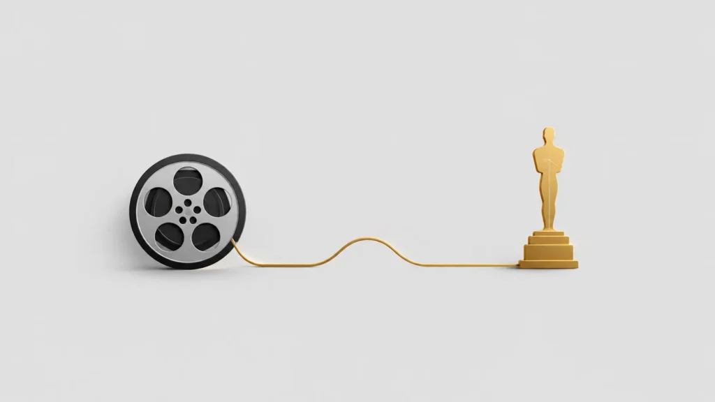 Minimalist Gael García Bernal career illustration showing a film reel connected to a gold award trophy, symbolizing his achievements and recognition in the film industry.