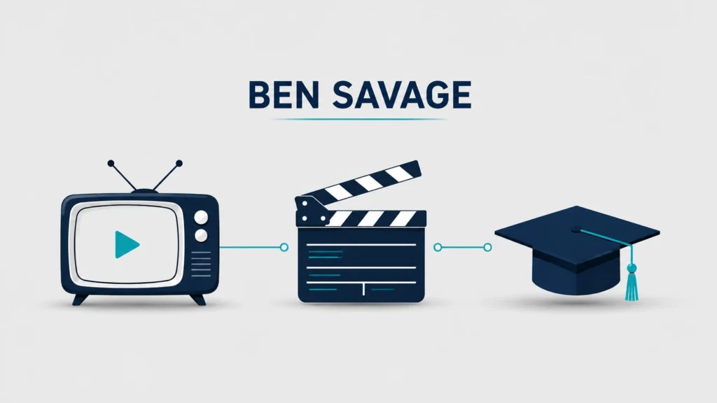 Ben Savage minimalist illustration featuring a classic TV, film clapperboard, and graduation cap connected by modern lines, symbolizing his television career, acting, and Stanford education.