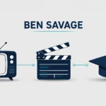 Ben Savage minimalist illustration featuring a classic TV, film clapperboard, and graduation cap connected by modern lines, symbolizing his television career, acting, and Stanford education.