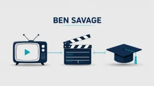 Ben Savage minimalist illustration featuring a classic TV, film clapperboard, and graduation cap connected by modern lines, symbolizing his television career, acting, and Stanford education.