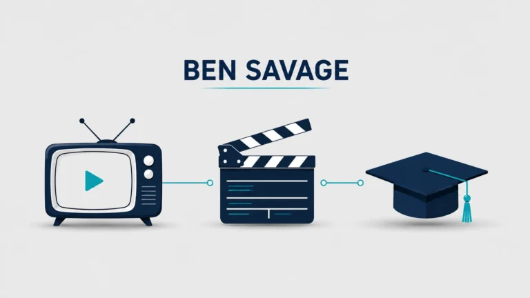 Ben Savage minimalist illustration featuring a classic TV, film clapperboard, and graduation cap connected by modern lines, symbolizing his television career, acting, and Stanford education.