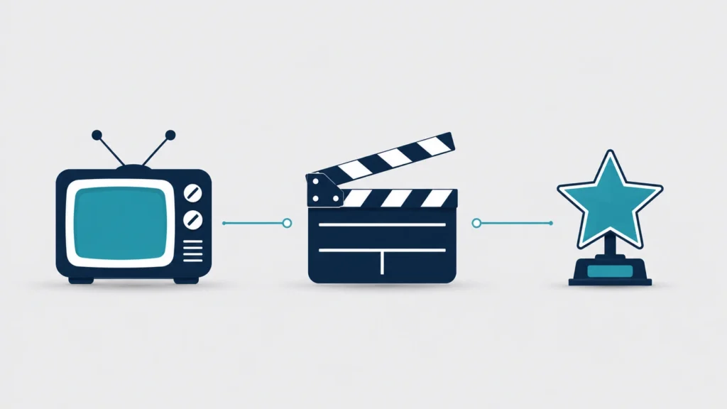 Ben Savage simple flat-design illustration with a television icon, movie clapperboard, and star award connected by clean lines, representing his successful television and acting career.