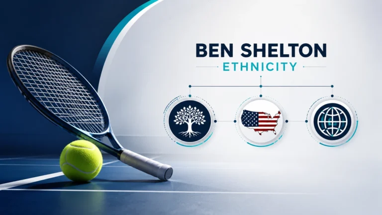 Professional editorial illustration about Ben Shelton ethnicity featuring a tennis racket and ball connected to icons representing family heritage, American nationality, and cultural identity on a clean blue gradient background.