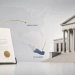 Kilmar Armando Ábrego García immigration case illustration featuring a passport, official legal documents, and a courthouse connected by directional arrows. A subtle United States and El Salvador map outline appears in the background with a clean professional editorial design.