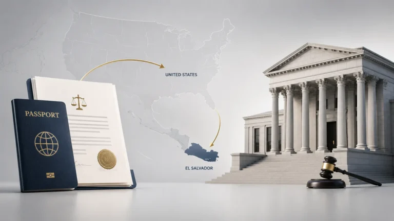 Kilmar Armando Ábrego García immigration case illustration featuring a passport, official legal documents, and a courthouse connected by directional arrows. A subtle United States and El Salvador map outline appears in the background with a clean professional editorial design.