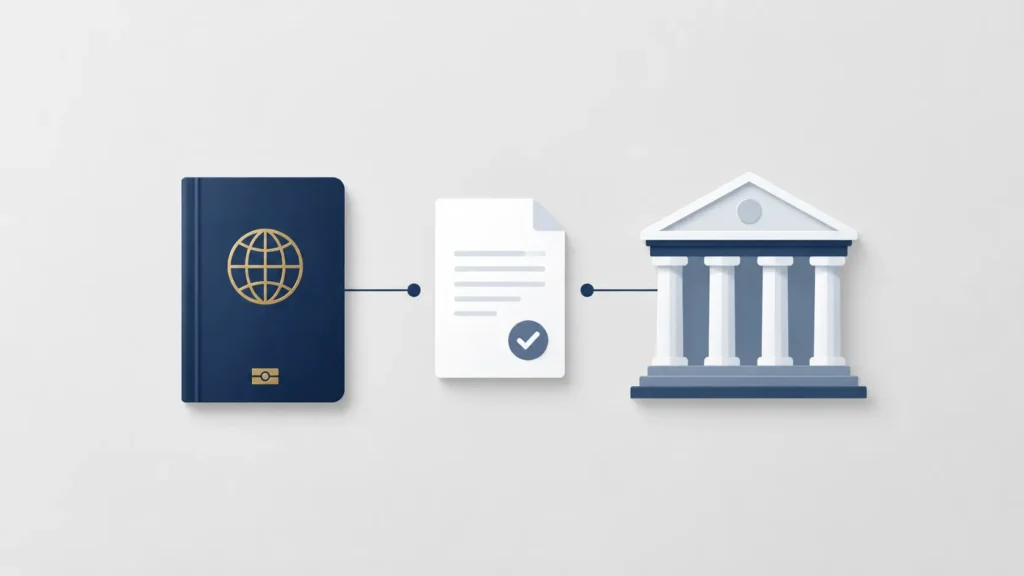 Kilmar Armando Ábrego García legal case minimalist illustration showing a passport icon, a legal document with a checkmark, and a courthouse icon connected by thin lines on a clean light gray background.