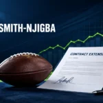 Jaxon Smith Njigba contract illustration showing a football beside a signed NFL contract and rising financial graph in a modern sports business design.