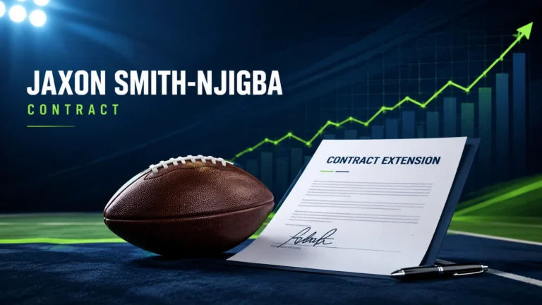 Jaxon Smith Njigba contract illustration showing a football beside a signed NFL contract and rising financial graph in a modern sports business design.