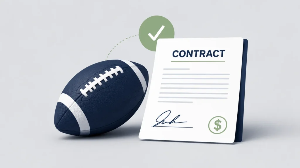 Minimal Jaxon Smith Njigba contract concept with a football, signed agreement document, dollar symbol, and checkmark on a clean gray background.
