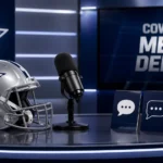 Stephen A Smith Dallas Cowboys media debate illustration featuring a football helmet with a blue star symbol, a broadcast microphone, and discussion cards on a modern television studio desk, representing ongoing sports commentary and analysis surrounding the Dallas Cowboys.