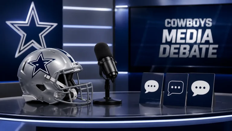 Stephen A Smith Dallas Cowboys media debate illustration featuring a football helmet with a blue star symbol, a broadcast microphone, and discussion cards on a modern television studio desk, representing ongoing sports commentary and analysis surrounding the Dallas Cowboys.