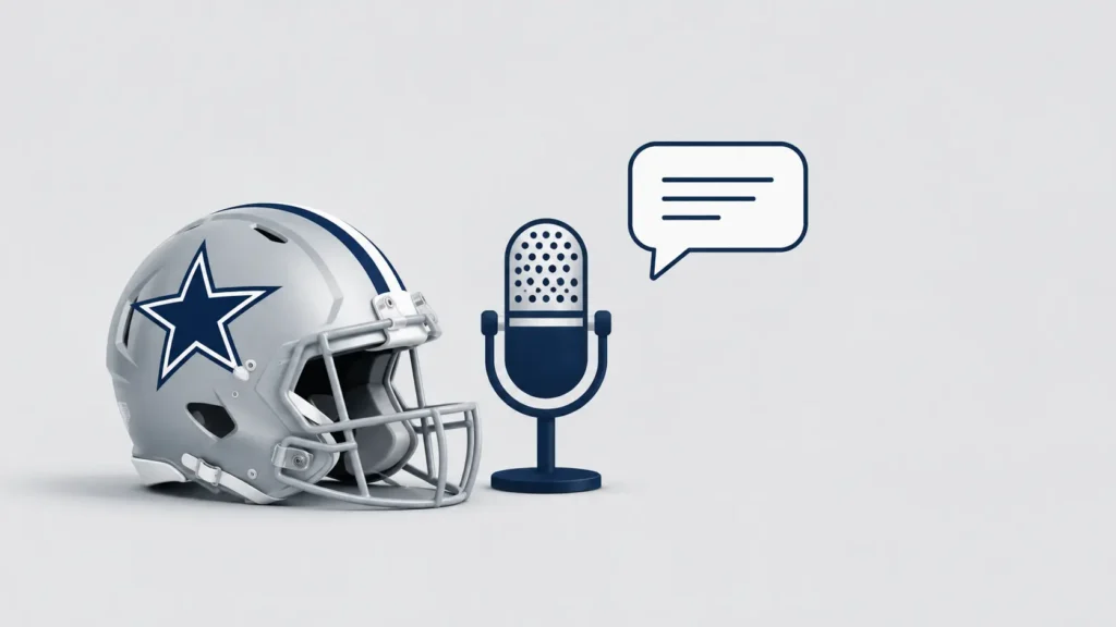 Stephen A Smith Dallas Cowboys editorial graphic showing a professional sports media setup with a football helmet, microphone, and conversation icons, symbolizing the ongoing debate and analysis surrounding the Dallas Cowboys in national sports coverage.