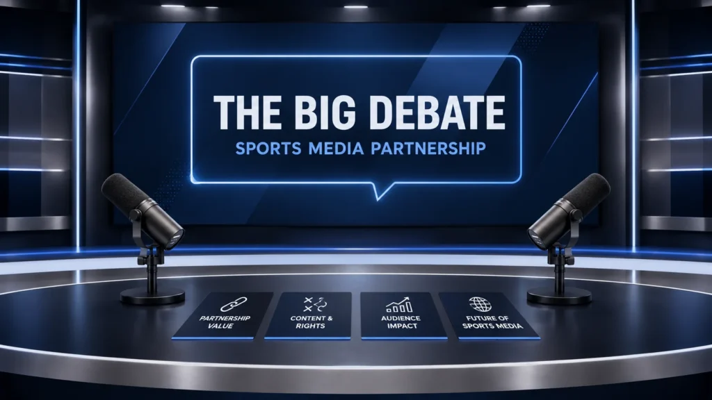 Stephen A Smith Max Kellerman sports media debate illustration featuring two microphones, a television studio desk, discussion cards, and a professional broadcast backdrop.