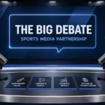 Stephen A Smith Max Kellerman sports media debate illustration featuring two microphones, a television studio desk, discussion cards, and a professional broadcast backdrop.