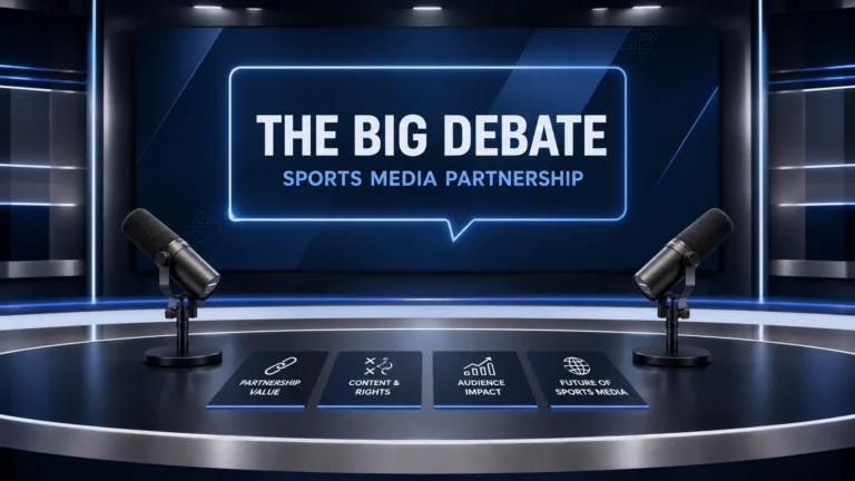 Stephen A Smith Max Kellerman sports media debate illustration featuring two microphones, a television studio desk, discussion cards, and a professional broadcast backdrop.