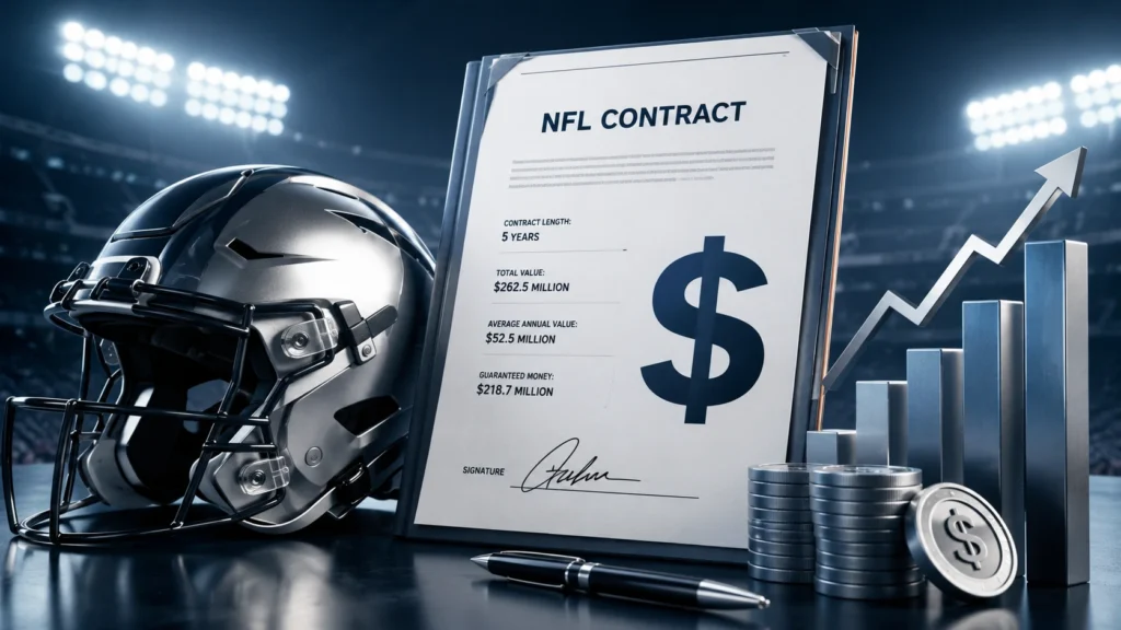 Justin Herbert contract illustration showing a professional NFL football helmet beside a signed contract, dollar symbol, and financial growth charts under stadium-style lighting.