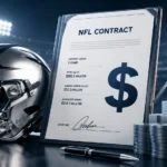 Justin Herbert contract illustration showing a professional NFL football helmet beside a signed contract, dollar symbol, and financial growth charts under stadium-style lighting.