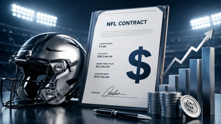 Justin Herbert contract illustration showing a professional NFL football helmet beside a signed contract, dollar symbol, and financial growth charts under stadium-style lighting.