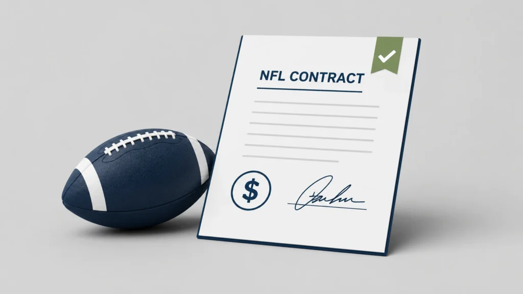 Justin Herbert contract minimalist illustration featuring a football next to a signed NFL contract with a dollar symbol and checkmark on a clean gray background.
