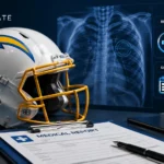 Clean editorial illustration of Justin Herbert injury update showing a football helmet, medical report desk, rib x-ray overlay, and injury status dashboard in a modern NFL medical theme.