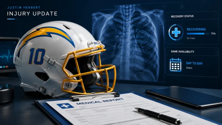 Clean editorial illustration of Justin Herbert injury update showing a football helmet, medical report desk, rib x-ray overlay, and injury status dashboard in a modern NFL medical theme.