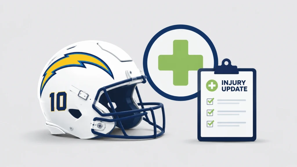 Minimal flat design illustration of Justin Herbert injury update showing a football helmet, medical cross icon, and clipboard labeled injury update on a light background.