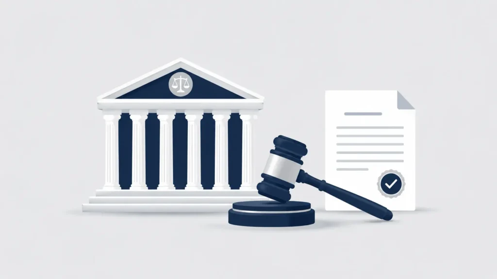 Supreme Court Steve Bannon court case concept showing a grand courthouse, wooden gavel, justice scale, legal books, and a Congress subpoena file in a clean editorial legal illustration.