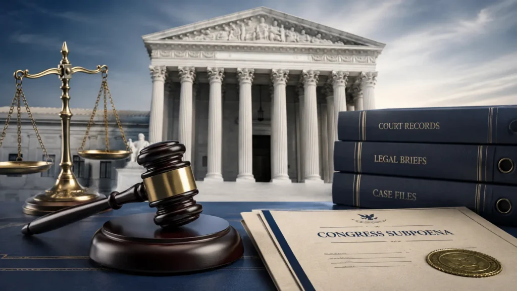 Supreme Court Steve Bannon legal case illustration featuring a classical courthouse with tall columns, a judge's gavel, court files, a balance scale, and a Congress subpoena document in a professional government-news style setting.