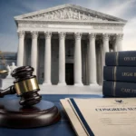 Supreme Court Steve Bannon legal case illustration featuring a classical courthouse with tall columns, a judge's gavel, court files, a balance scale, and a Congress subpoena document in a professional government-news style setting.