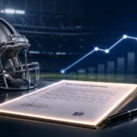 Micah Parsons contract concept shown as a glowing NFL contract on a sleek table inside a modern stadium, with Dallas Cowboys colors and a rising salary graph symbolizing contract value growth.
