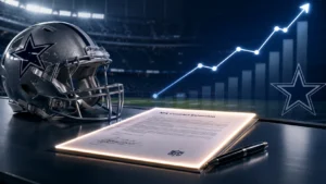 Micah Parsons contract concept shown as a glowing NFL contract on a sleek table inside a modern stadium, with Dallas Cowboys colors and a rising salary graph symbolizing contract value growth.