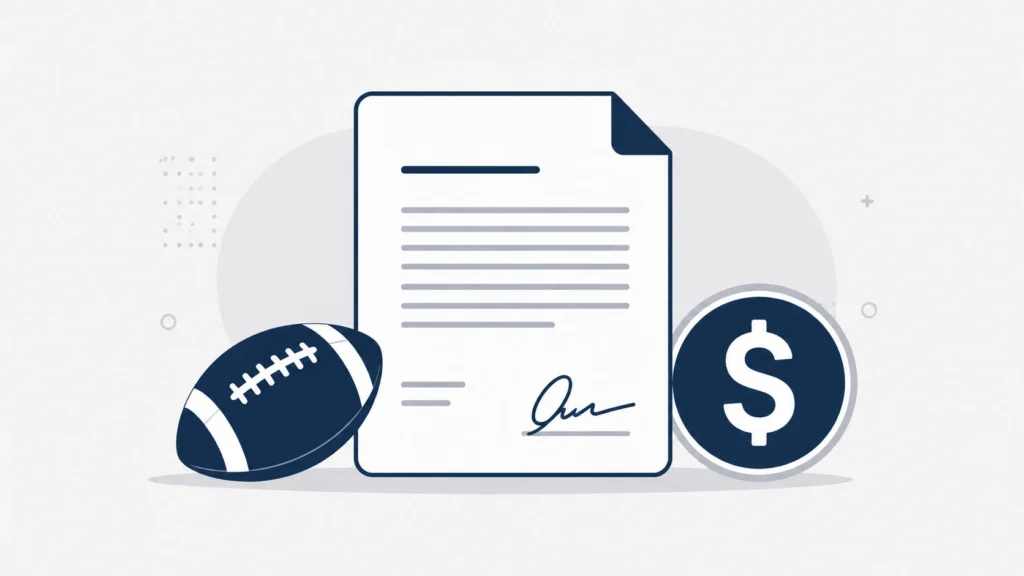 Micah Parsons contract concept shown as a glowing NFL contract on a sleek table inside a modern stadium, with Dallas Cowboys colors and a rising salary graph symbolizing contract value growth.