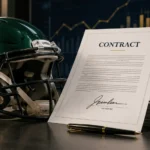 A professional editorial-style illustration of an “Aaron Rodgers contract” concept, showing a signed contract document labeled “CONTRACT” placed on a desk next to a pen, with a football helmet on the left and a large dollar sign symbol on the right. The background features financial charts and graphs, suggesting salary and contract analysis in professional American football.