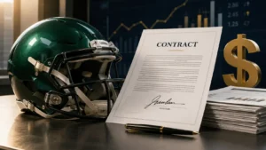 A professional editorial-style illustration of an “Aaron Rodgers contract” concept, showing a signed contract document labeled “CONTRACT” placed on a desk next to a pen, with a football helmet on the left and a large dollar sign symbol on the right. The background features financial charts and graphs, suggesting salary and contract analysis in professional American football.