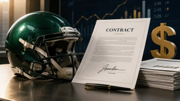 A professional editorial-style illustration of an “Aaron Rodgers contract” concept, showing a signed contract document labeled “CONTRACT” placed on a desk next to a pen, with a football helmet on the left and a large dollar sign symbol on the right. The background features financial charts and graphs, suggesting salary and contract analysis in professional American football.