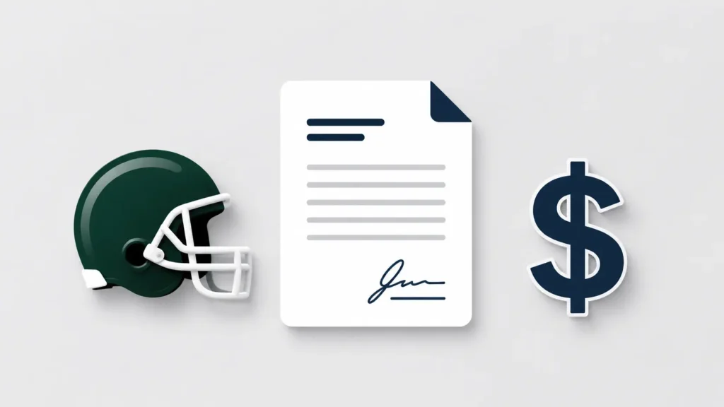 “Aaron Rodgers contract concept illustration showing signed contract paper, football helmet, and dollar symbol representing NFL contract value.”