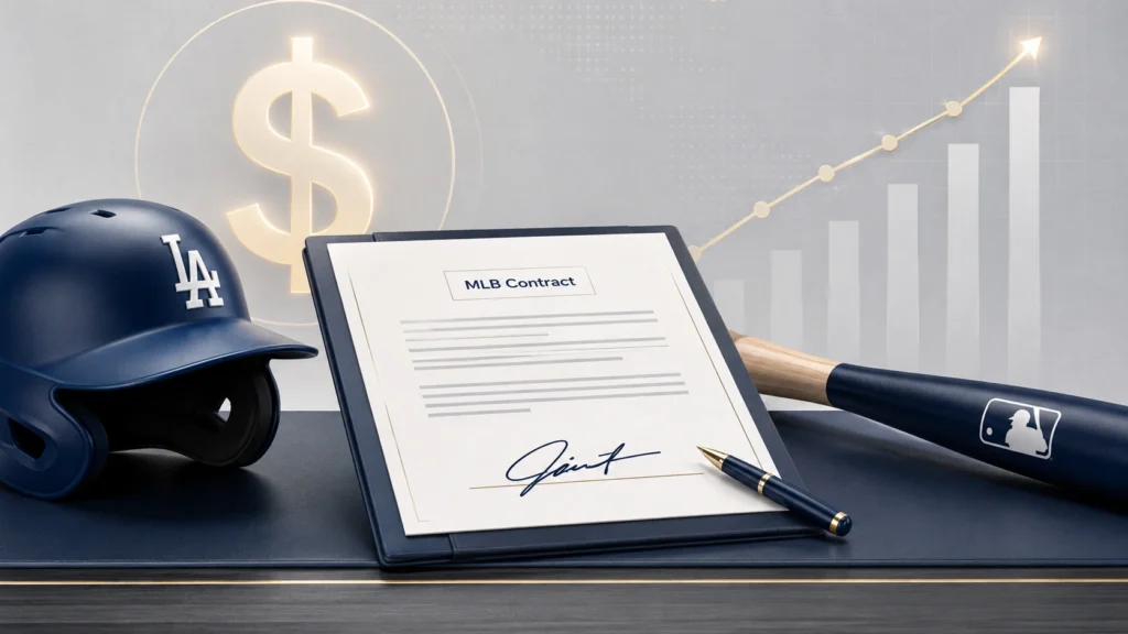 Shohei Ohtani contract illustration showing a signed MLB contract on a modern desk with a baseball bat, helmet, glowing dollar symbol, and upward financial graph representing a record-breaking $700M deal.